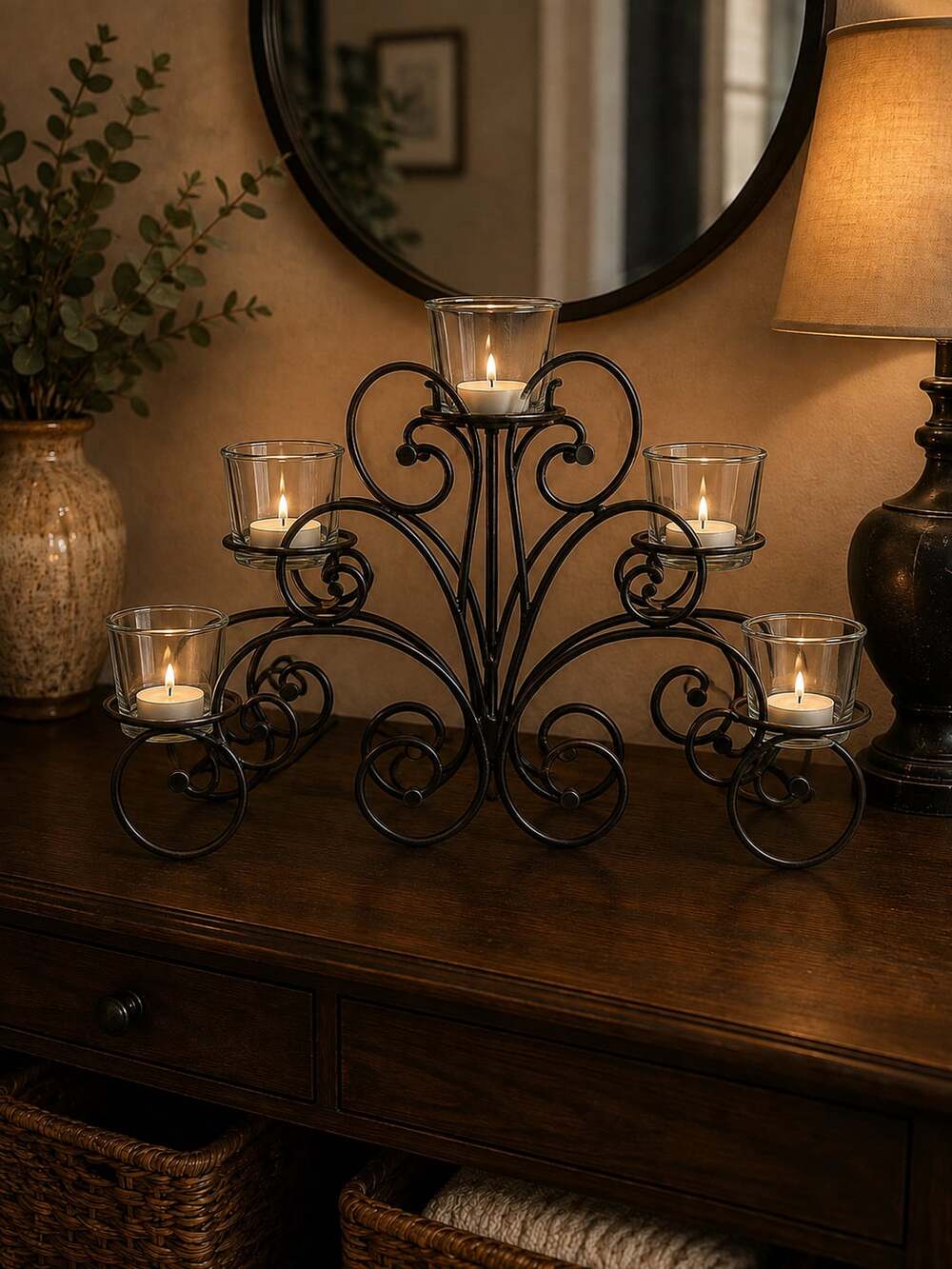 Black Metal Scrollwork Candle Holder
